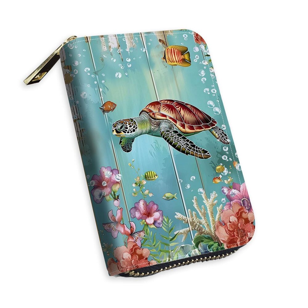 6384 Small Credit Card Case Wallet , Sea Turtle Flower, RFID Blocking Mini